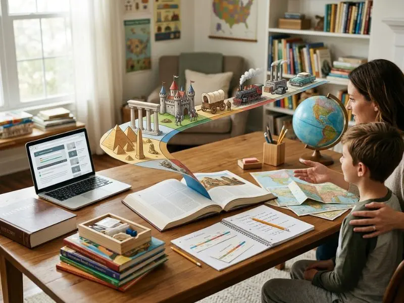 Parent and child exploring a history homeschool curriculum with books, maps, a globe, timeline, and online lessons - History Homeschool Curriculum
