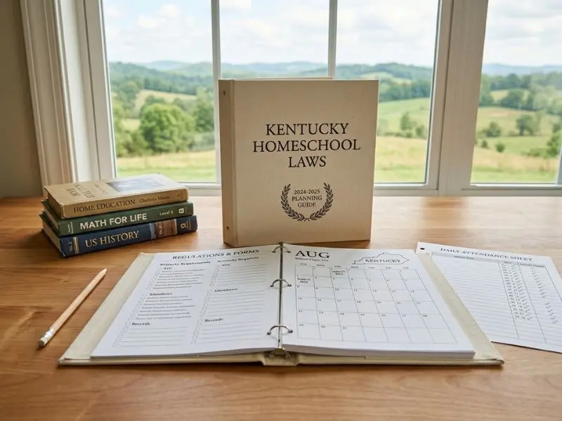 Kentucky Homeschool Laws planning binder with attendance records, calendar, and textbooks on a desk - kentucky homeschool laws