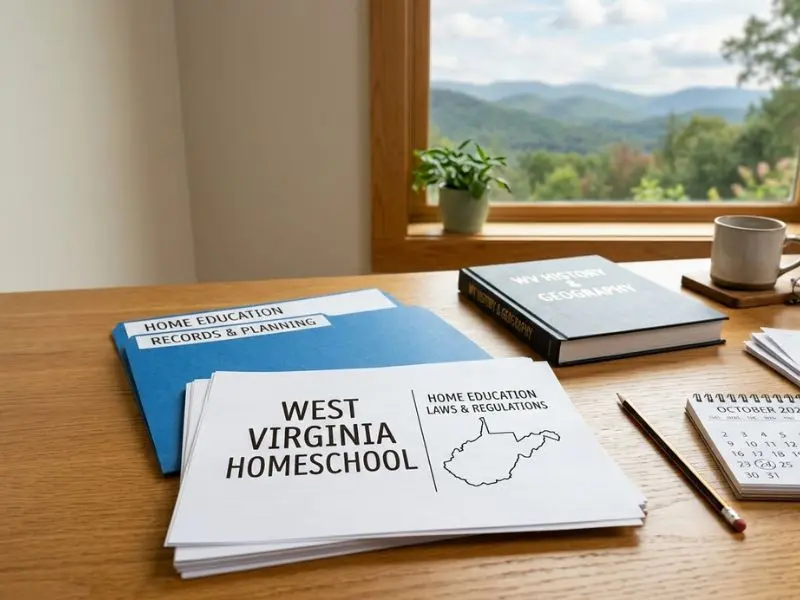 West Virginia homeschool laws and home education records displayed on a desk with mountain views - West Virginia Homeschool Laws