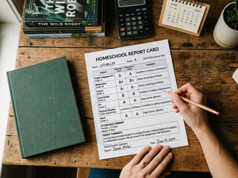 Sample homeschool report card with subjects, grades, attendance, and parent comments on a home learning desk - Sample Homeschool Report Card